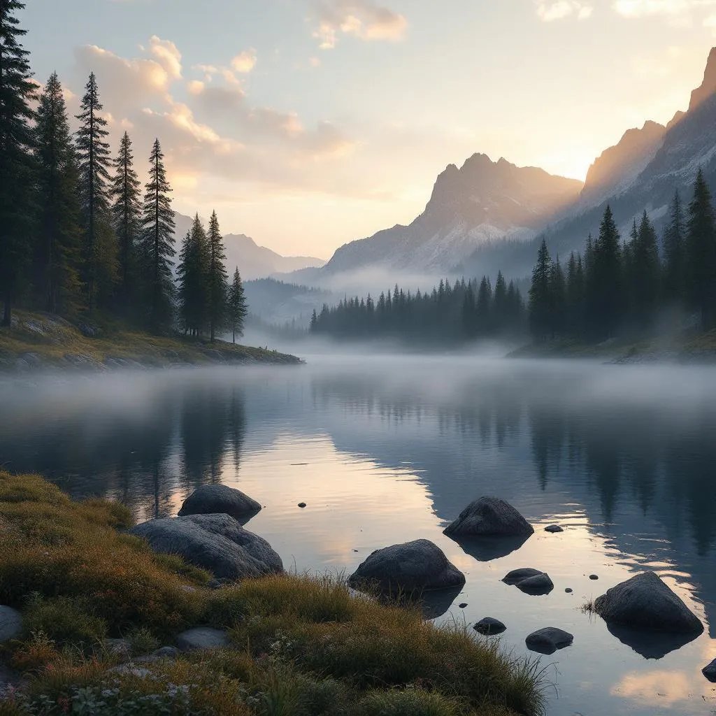 Epic cinematic landscape of a serene mountain lake at golden hour, crystal clear reflections, dramatic volumetric fog rolling over pine forests, ultra realistic, photorealistic, 8k,