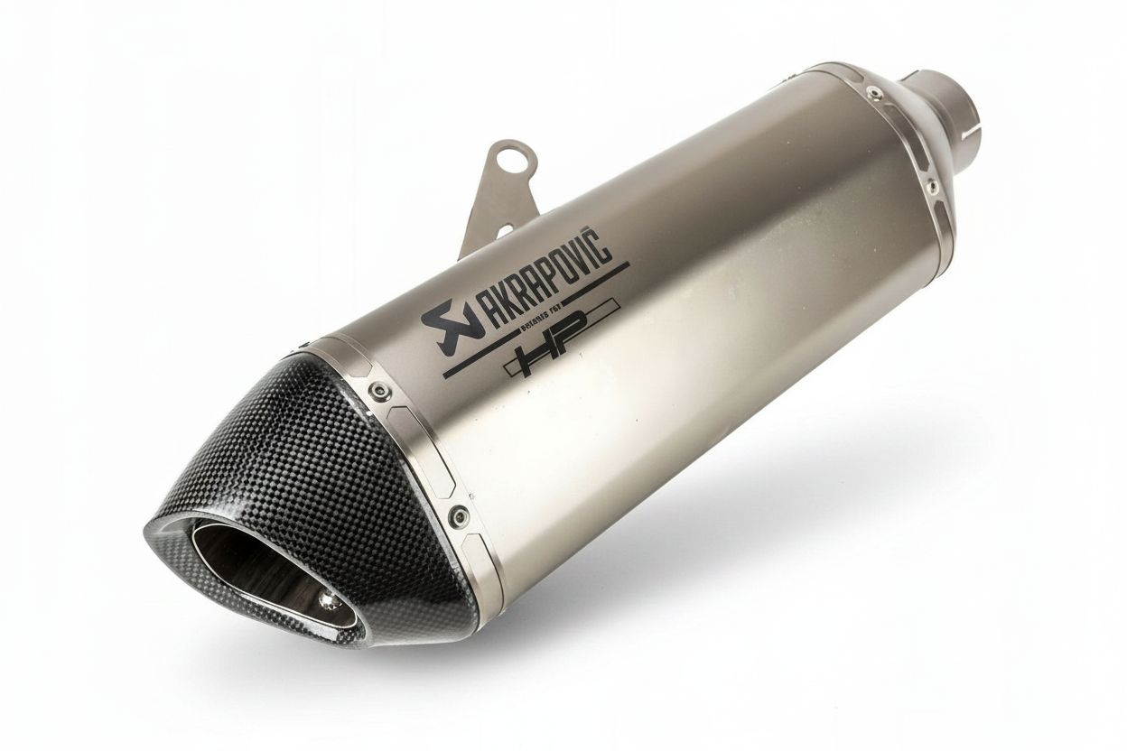 Akrapovic slip-on exhaust for a motorcycle: titanium body and carbon end cap, AI-generated marketplace listing photo.