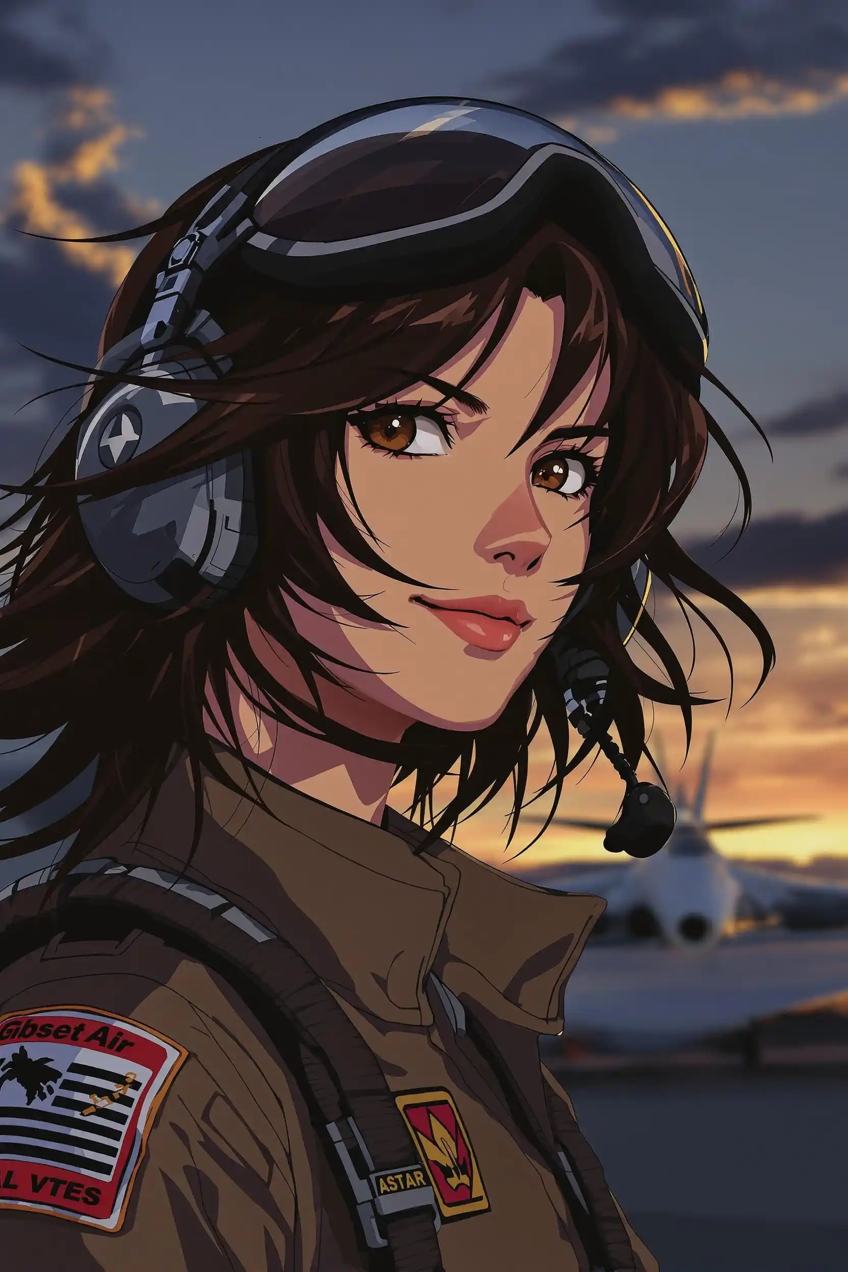 Text-to-image sample in creator-ai: portrait of a brunette woman in aviator or pilot styling.