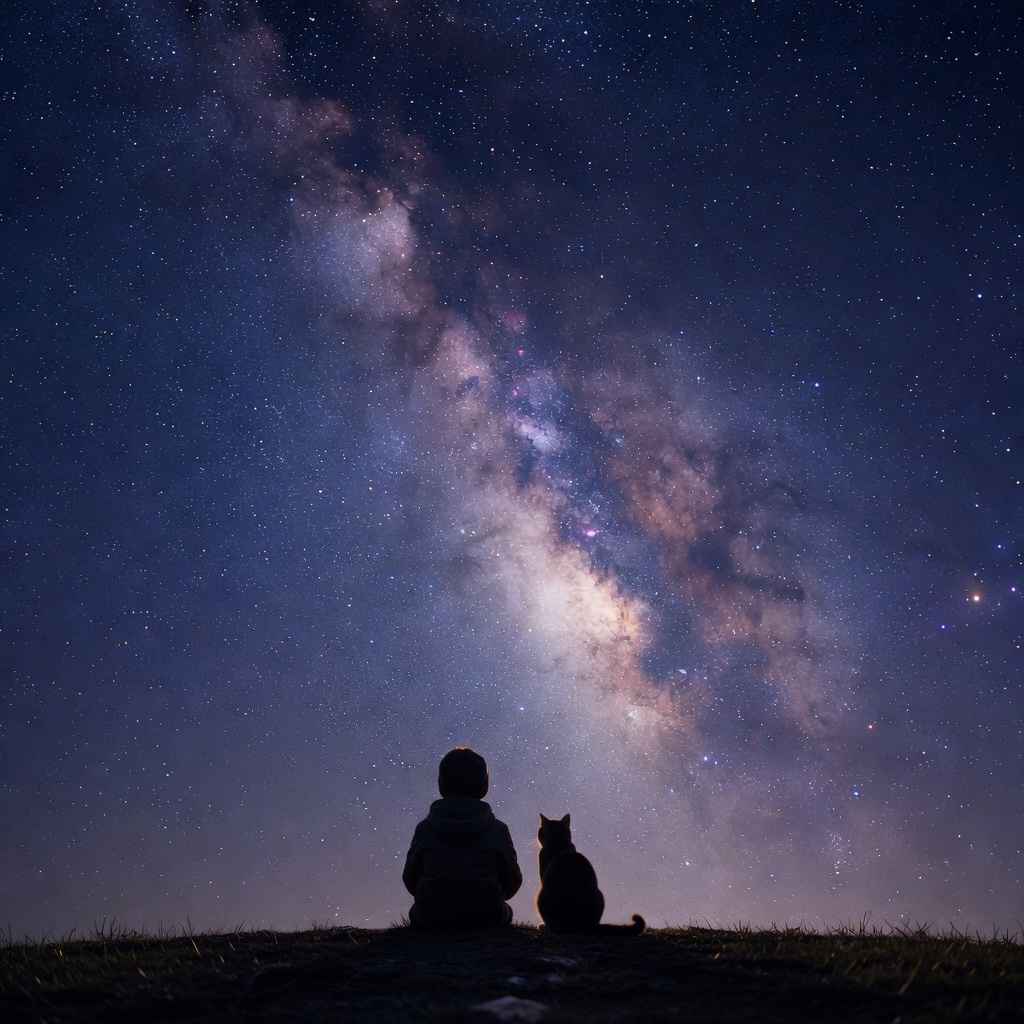 Text-to-image sample in creator-ai: silhouetted boy and cat seen from behind, gazing at the vibrant Milky Way in a starry night sky.